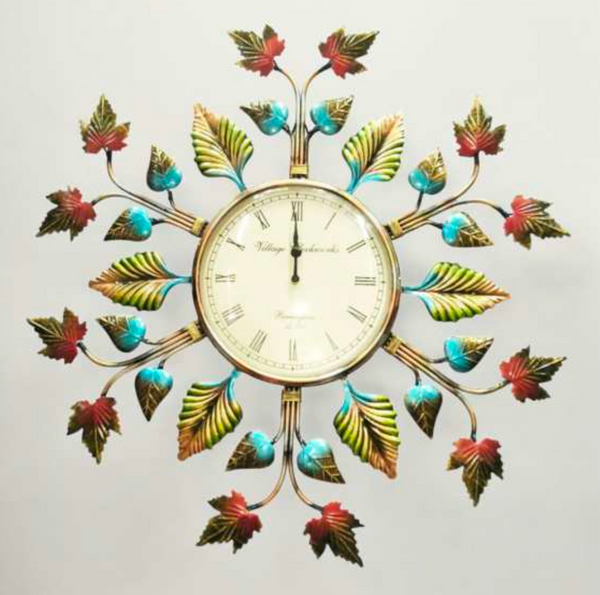 Maple Leaves Wall Clock 26 Inch – Decorative Metal Leaf Wall Clock for Living Room & Home Decor