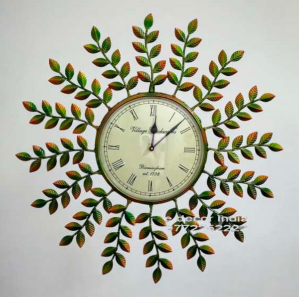 16 Leaf Stems Wall Clock 26 Inch – Decorative Metal Leaf Wall Clock for Living Room & Home Decor