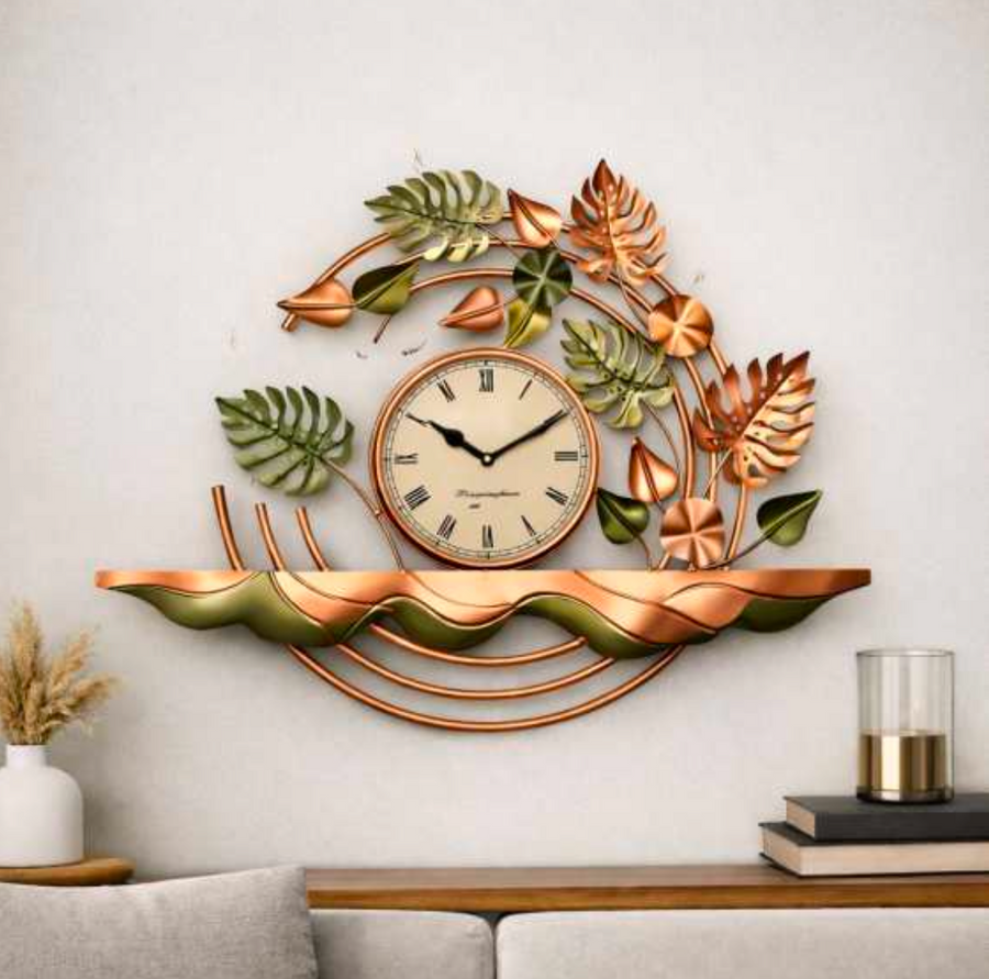 Decorative Leaf Wall Clock 28" x 25" – Elegant Metal Leaf Wall Clock for Living Room & Home Decor