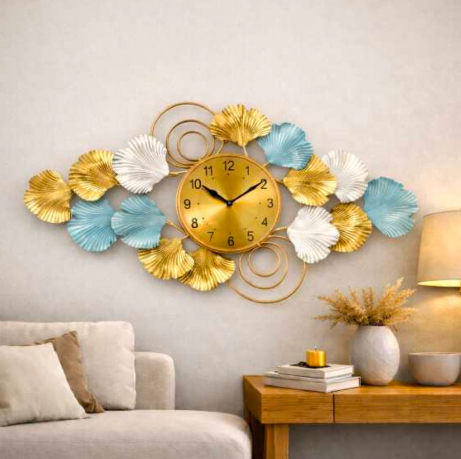 Horizontal Ginkgo Leaf Accent Wall Clock 40" x 26" – Decorative Metal Nature Wall Clock for Living Room & Home Decor