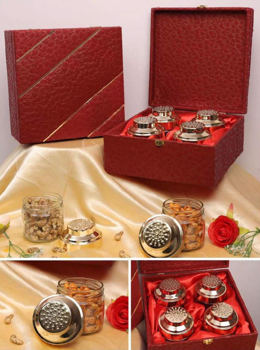 Maroon Textured 4 & 6 Jar Gift Box | Gold Stripe Premium Hamper