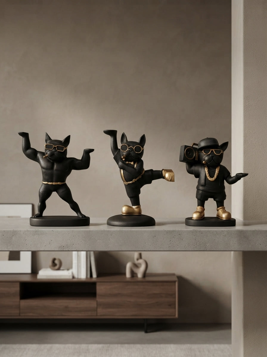 Gangster French Bulldog Statue Set | Black Gold Dog Figurine