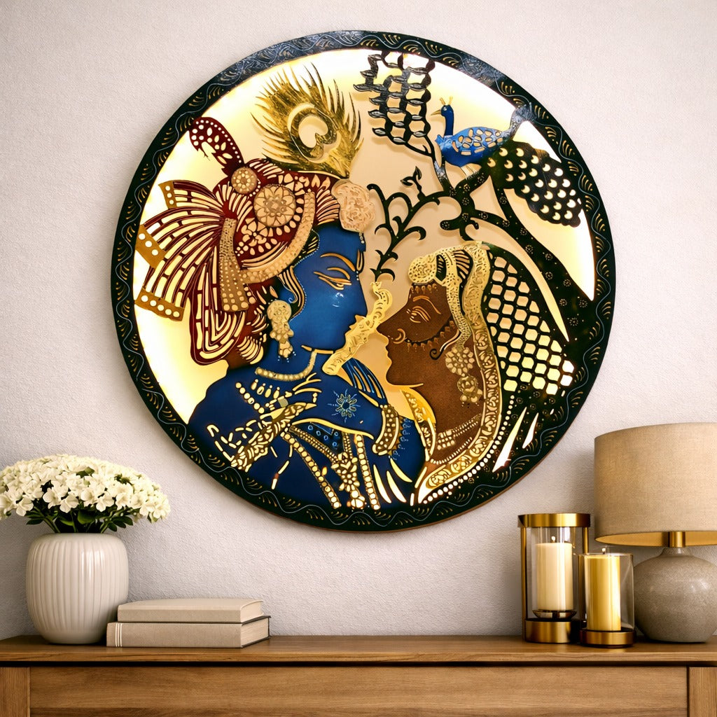 Round Laser Cut Radhe Krishna Wall Art – Decorative Metal Spiritual Wall Decor for Home Temple & Living Room