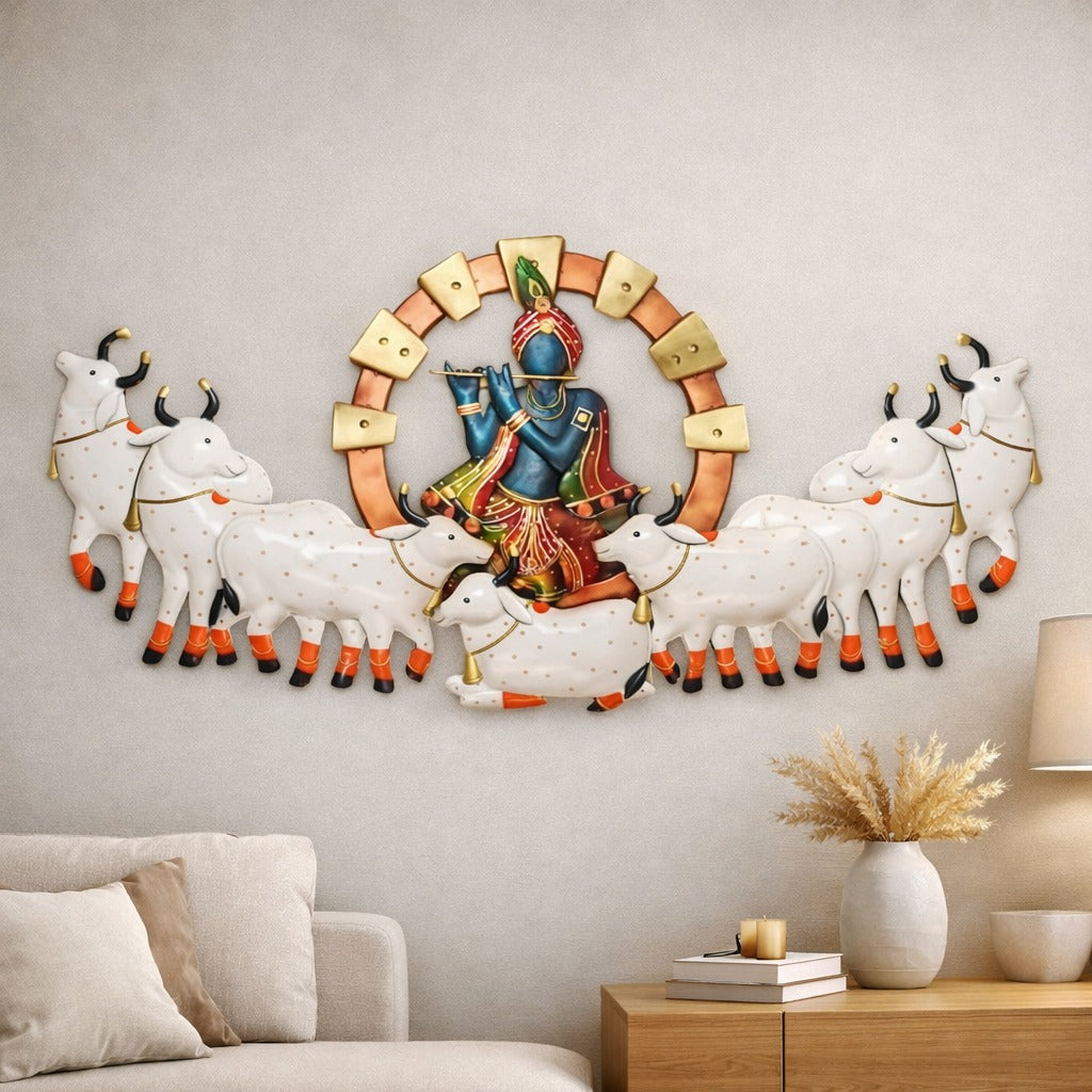 Krishna Wall Art 56" x 28" – Large Metal Spiritual Wall Decor for Living Room & Home Temple