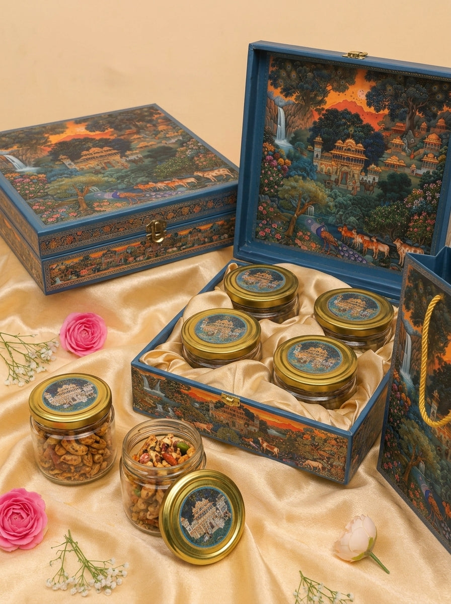 Palace Landscape 4 Jar Square Gift Box with Carry Bag | Diwali Hamper