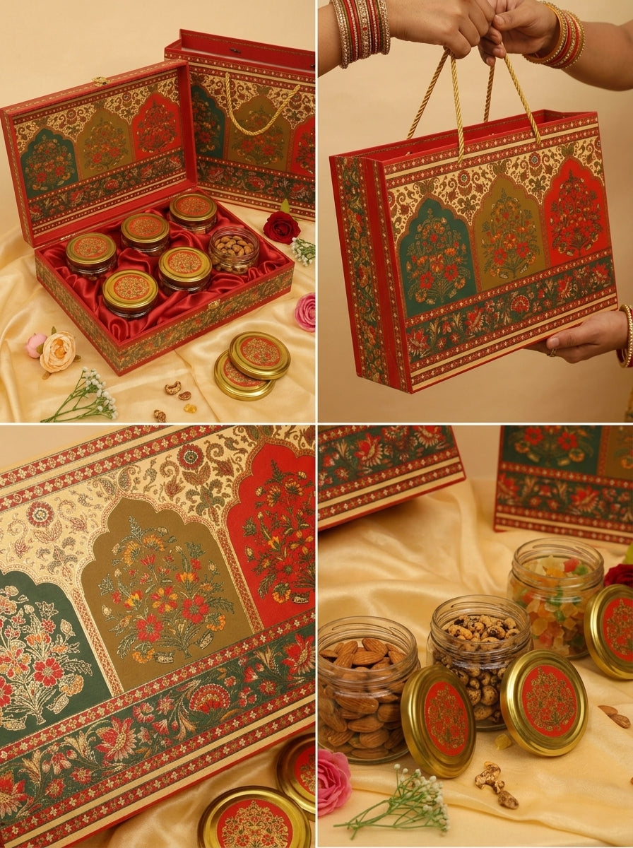 Red & Green Floral 6 Jar Gift Box with Carry Bag | Diwali Hamper
