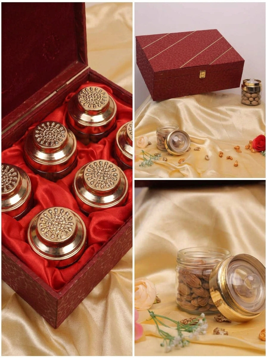 Maroon Textured 4 & 6 Jar Gift Box | Gold Stripe Premium Hamper