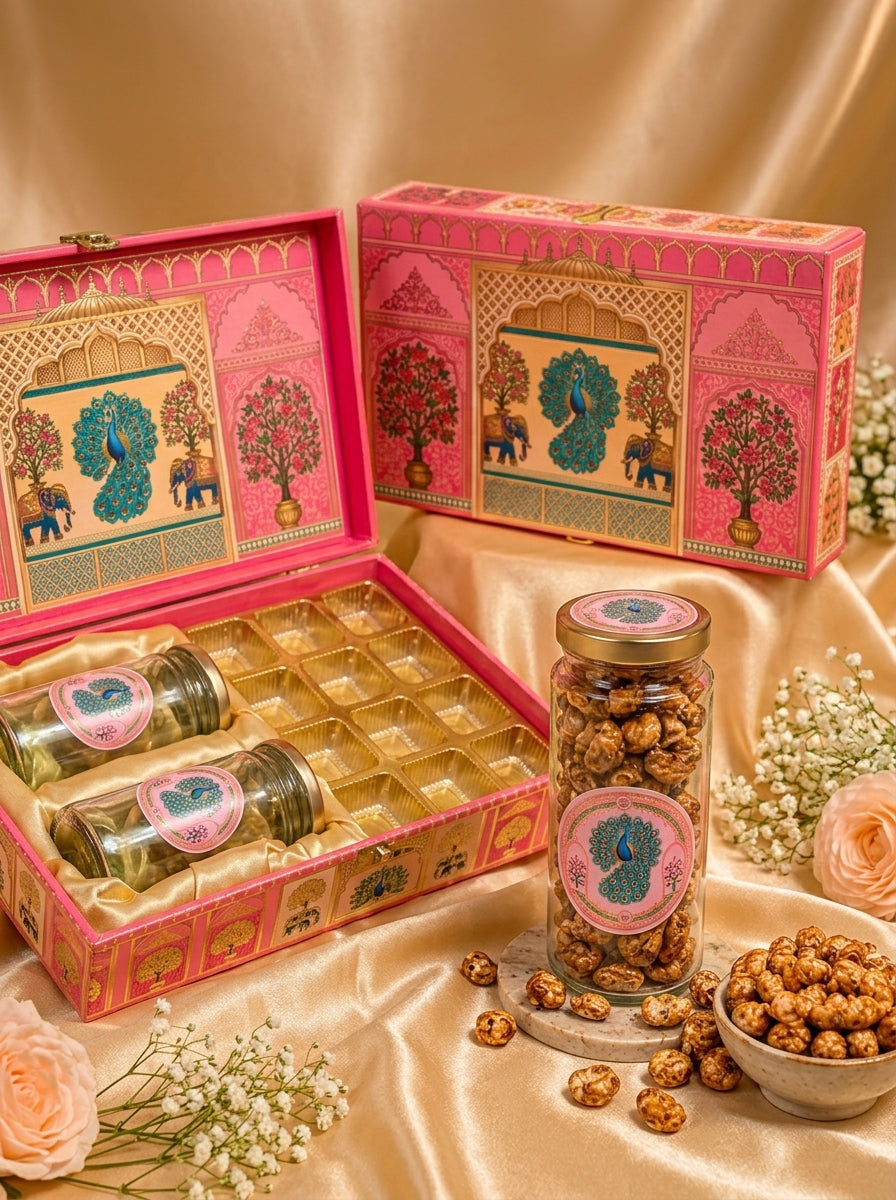 Pink Peacock Elephant Gift Box | 2 Tall Jars + 12 Cavity Tray