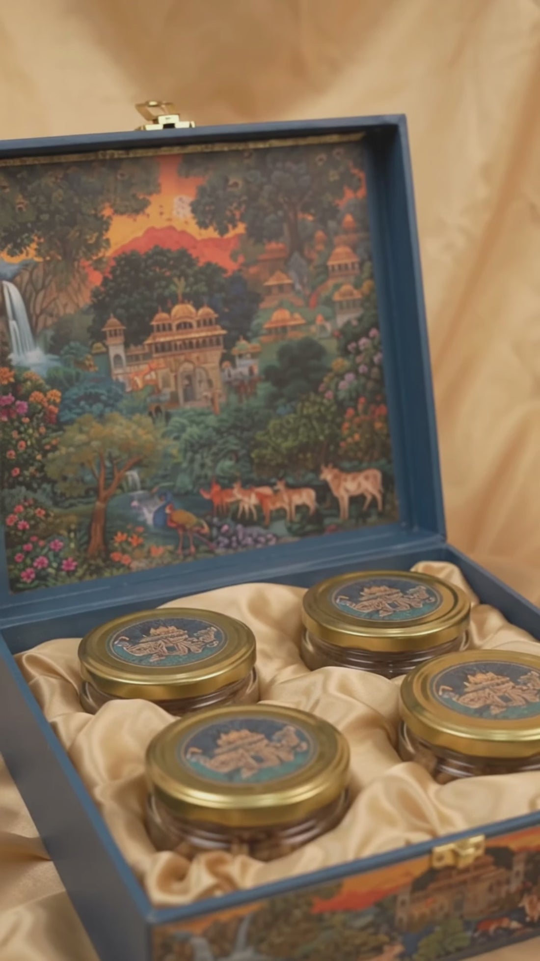 Palace Landscape 4 Jar Square Gift Box with Carry Bag | Diwali Hamper