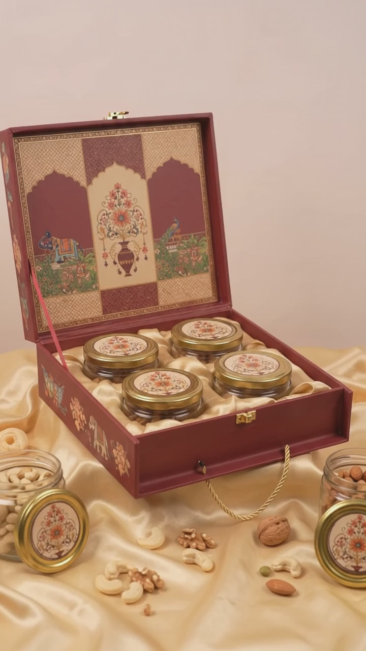 Maroon 4 Jar Square Gift Box with Rope Handle | Diwali Hamper