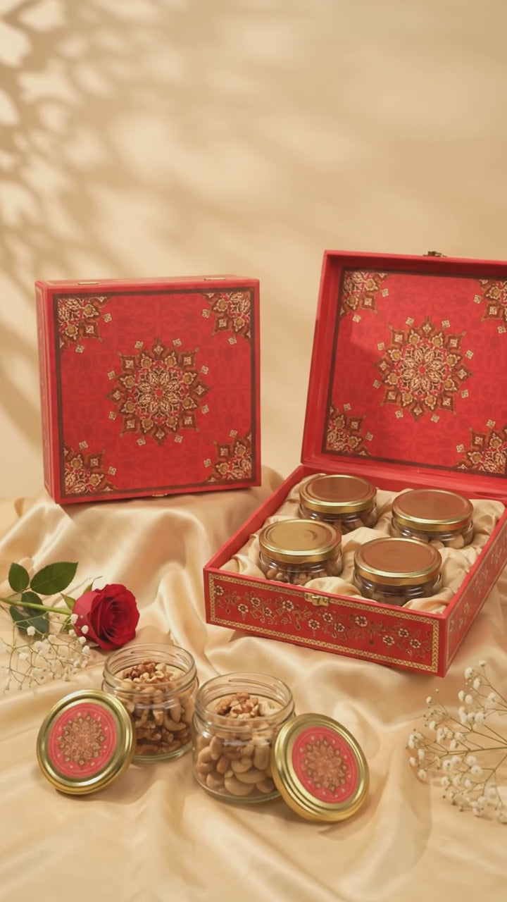 Red Mandala 4 Jar Square Gift Box | Gold Floral Diwali Hamper